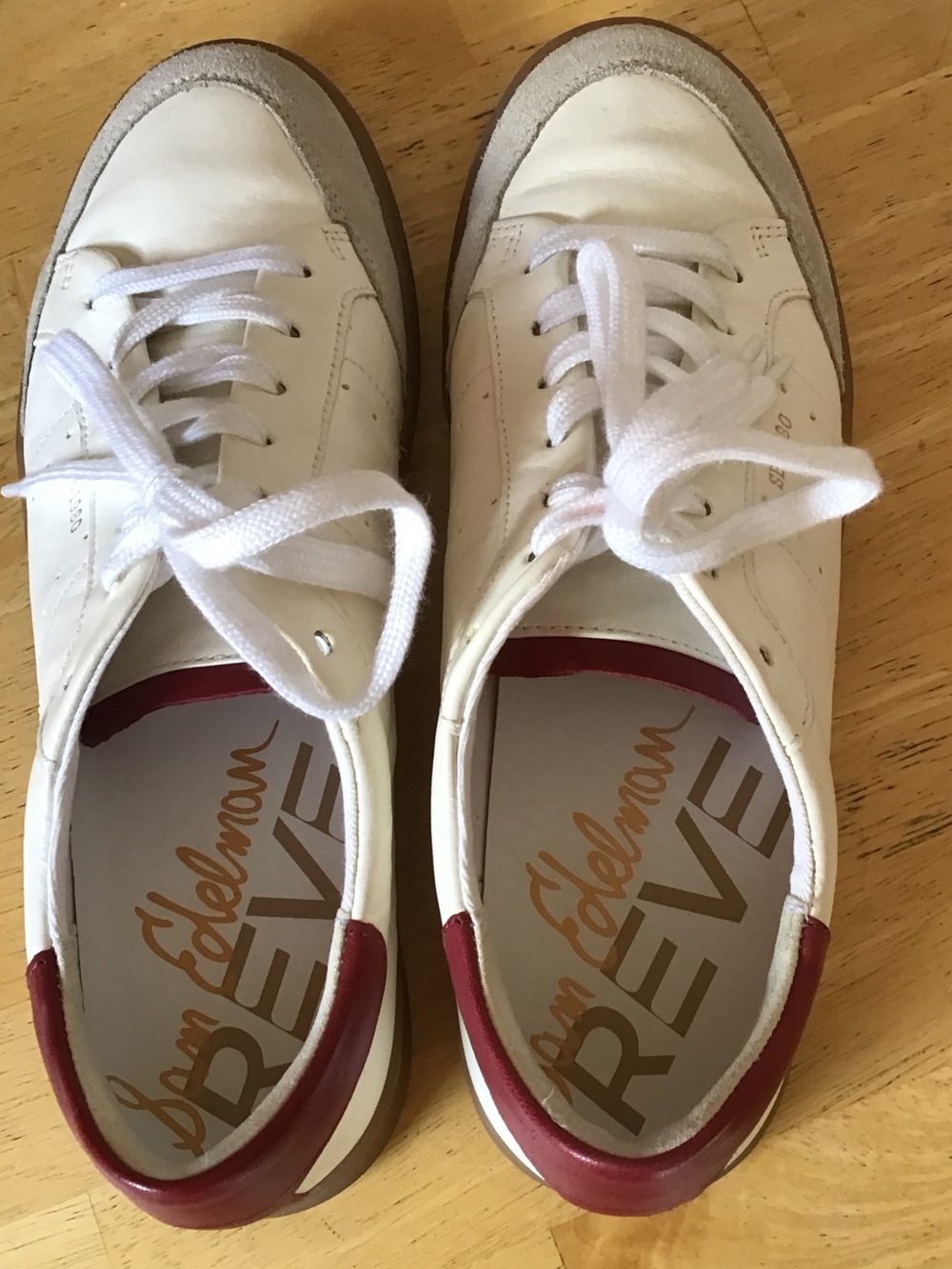 Sam Edelman Cream Leather Sneakers with Gray Suede and Burgundy Heel accents - Picture 5 of 6